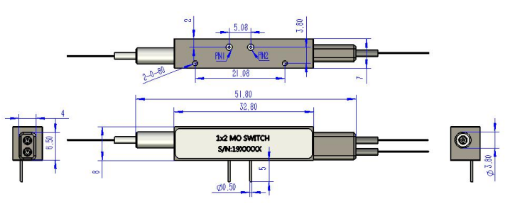 1x2直通磁光开关尺寸图 1x2直通磁光开关尺寸图
